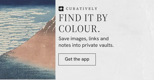 Social ad for Curatively: "Find it by colour." Editorial style, skeleton layout, light palette in white, grey.