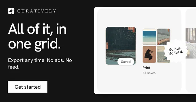Social ad for Curatively: "All of it, in one grid." Swiss style, sticker layout, light palette in black, white, grey.