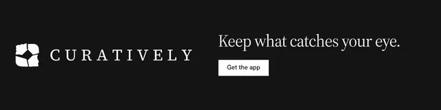 LinkedIn banner for Curatively: "Keep what catches your eye." Split block style, logo hero layout, dark palette in black.