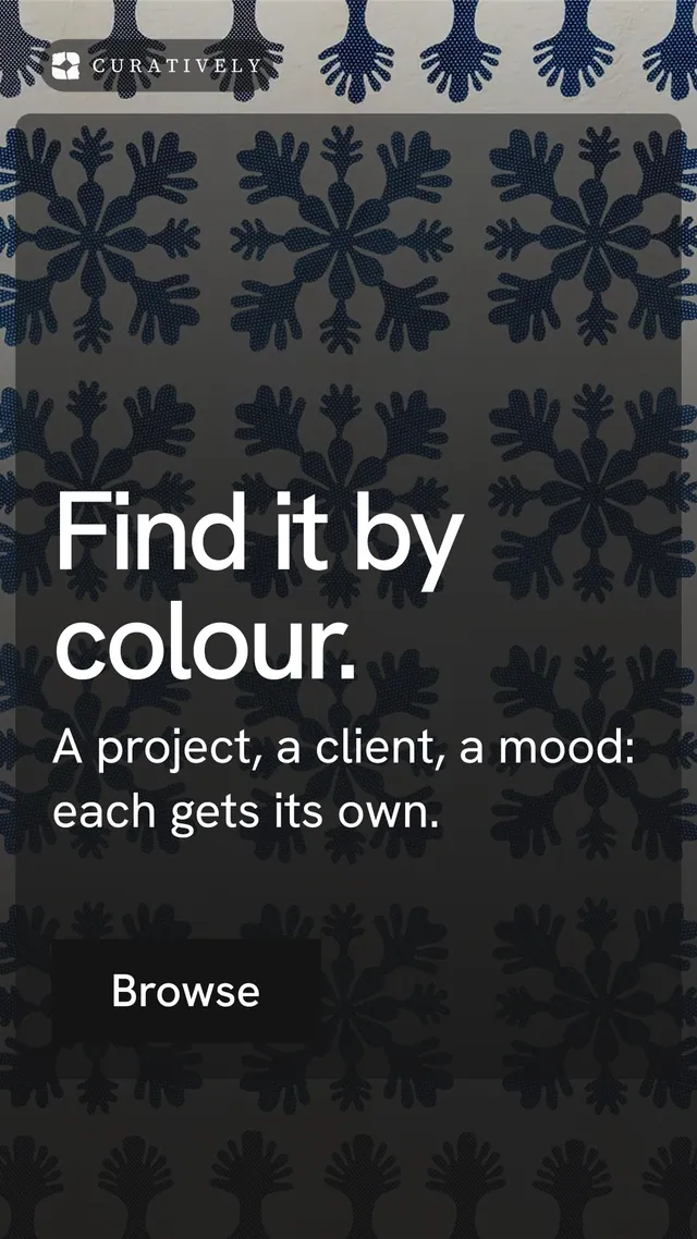 Instagram story for Curatively: "Find it by colour." Swiss style, skeleton layout, dark palette in black, grey.