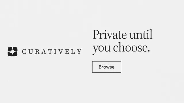 Landscape graphic for Curatively: "Private until you choose." Editorial style, logo hero layout, light palette in white.