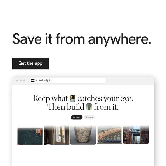 Instagram post for Curatively: "Save it from anywhere." Swiss style, browser layout, light palette in white, grey.