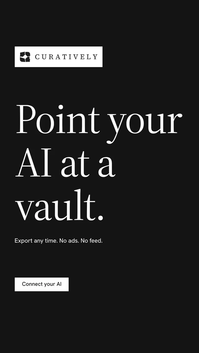 Instagram story for Curatively: "Point your AI at a vault." Split block style, announce layout, dark palette in black, grey.