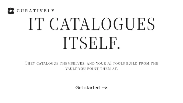 Landscape graphic for Curatively: "It catalogues itself." Minimal luxury style, smallcaps layout, light palette in white.