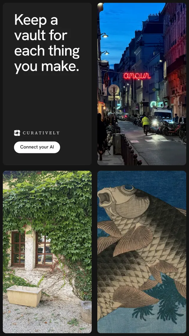 Instagram story for Curatively: "Keep a vault for each thing you make." Photo poster style, collage layout, dark palette in black, grey, blue.