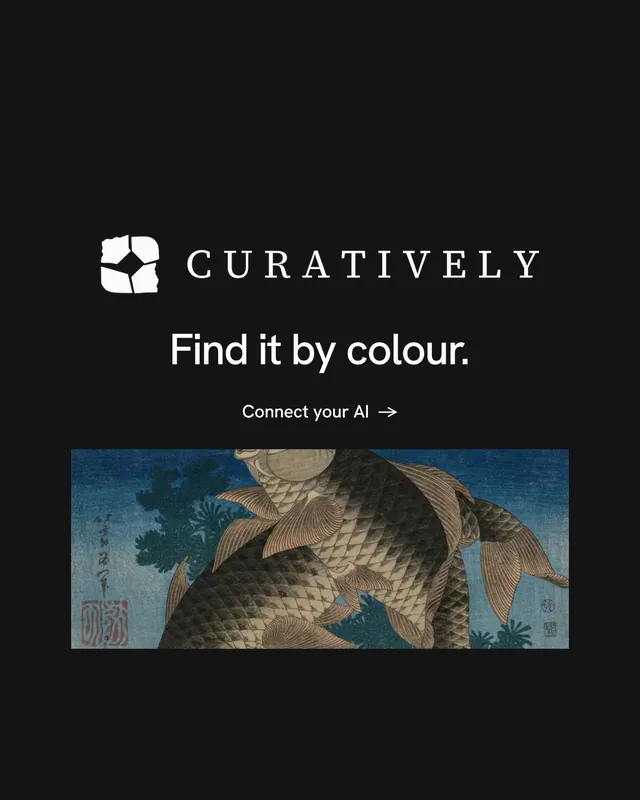 Instagram portrait post for Curatively: "Find it by colour." Minimal luxury style, logo hero layout, dark palette in black, grey.