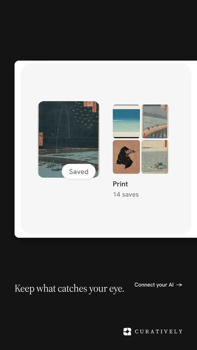 Instagram story for Curatively: "Keep what catches your eye." Split block style, image led layout, light palette in black, white, grey.