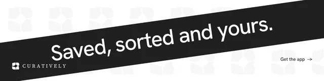 LinkedIn banner for Curatively: "Saved, sorted and yours." Minimal luxury style, diagonal layout, light palette in white, black, grey.