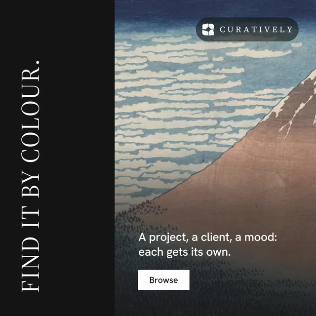 Instagram post for Curatively: "Find it by colour." Split block style, vertical layout, dark palette in black, grey.