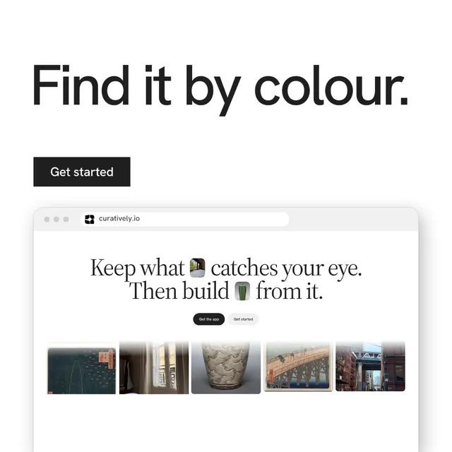 Instagram post for Curatively: "Find it by colour." Swiss style, browser layout, light palette in white, grey.