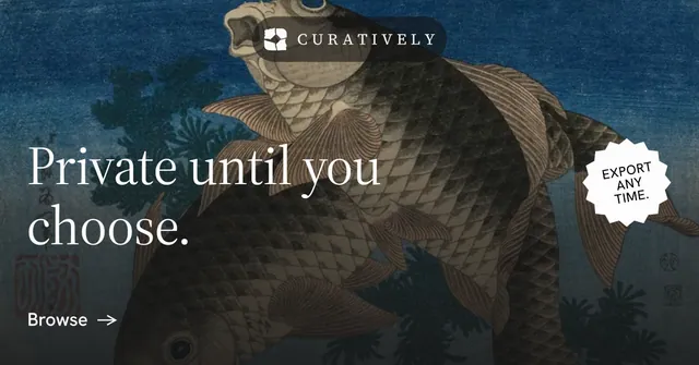 Social ad for Curatively: "Private until you choose." Minimal luxury style, sticker layout, dark palette in black, blue, grey.