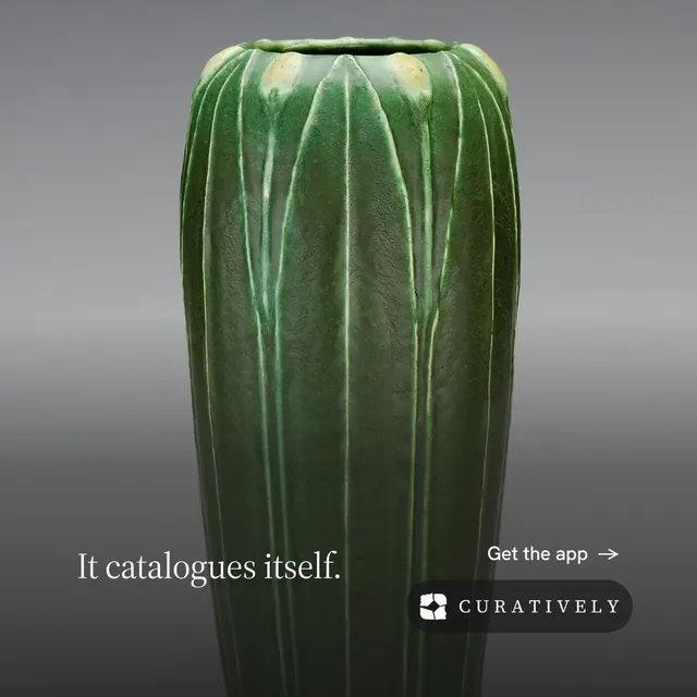 Instagram post for Curatively: "It catalogues itself." Minimal luxury style, image led layout, dark palette in black, grey.