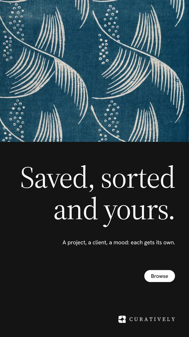 Instagram story for Curatively: "Saved, sorted and yours." Photo poster style, right layout, dark palette in black, blue, grey.