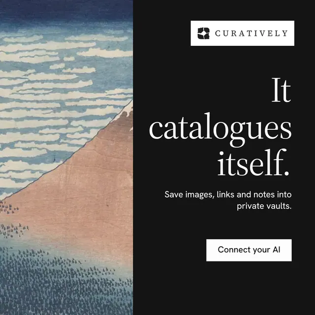 Instagram post for Curatively: "It catalogues itself." Split block style, right layout, dark palette in black, grey.