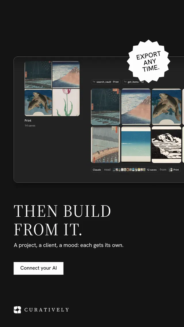 Instagram story for Curatively: "Then build from it." Split block style, sticker layout, dark palette in black, grey.