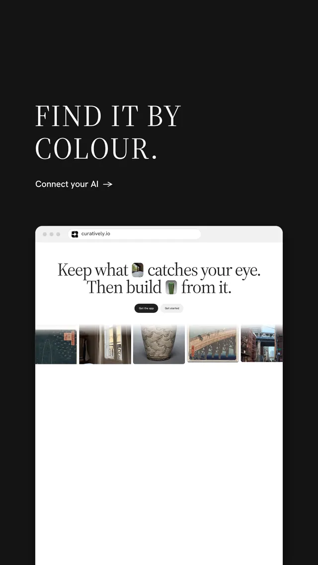 Instagram story for Curatively: "Find it by colour." Minimal luxury style, browser layout, light palette in black, white, grey.