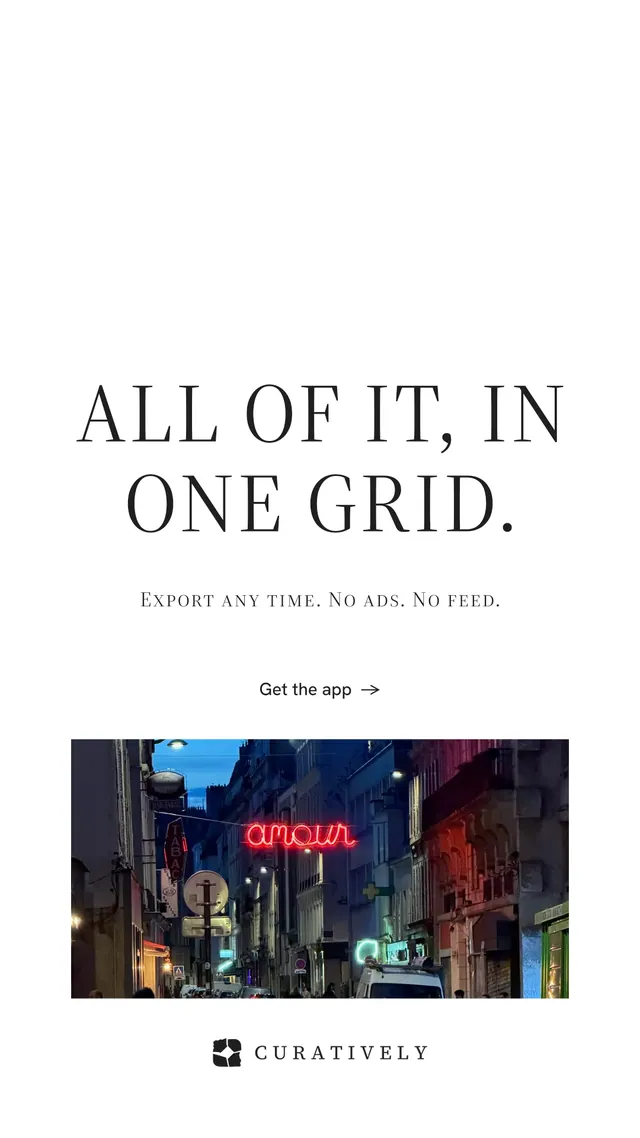 Instagram story for Curatively: "All of it, in one grid." Minimal luxury style, smallcaps layout, light palette in white, purple, grey.