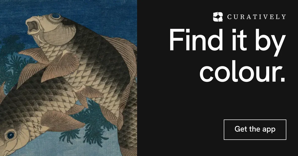 Social ad for Curatively: "Find it by colour." Editorial style, right layout, dark palette in black, grey, blue.