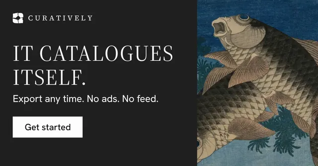 Social ad for Curatively: "It catalogues itself." Split block style, skeleton layout, dark palette in black, grey.