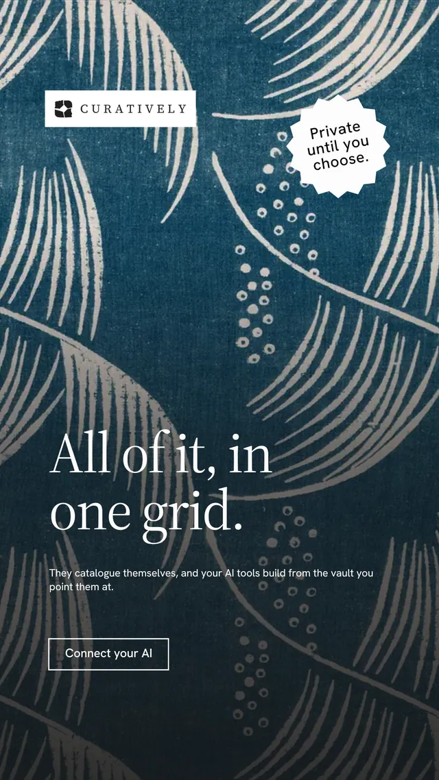 Instagram story for Curatively: "All of it, in one grid." Editorial style, sticker layout, dark palette in blue, grey, black.