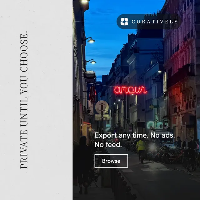 Instagram post for Curatively: "Private until you choose." Editorial style, vertical layout, light palette in black, white, blue.