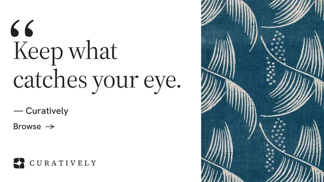 Landscape graphic for Curatively: "It catalogues itself." Minimal luxury style, quote layout, light palette in white, blue, grey.
