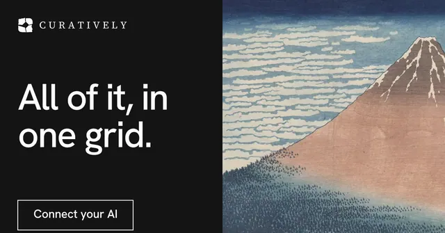 Social ad for Curatively: "All of it, in one grid." Editorial style, bottom layout, dark palette in black, grey.
