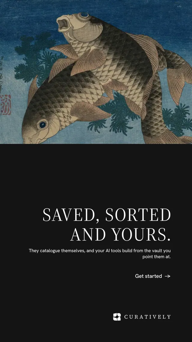 Instagram story for Curatively: "Saved, sorted and yours." Minimal luxury style, right layout, dark palette in black, blue, grey.