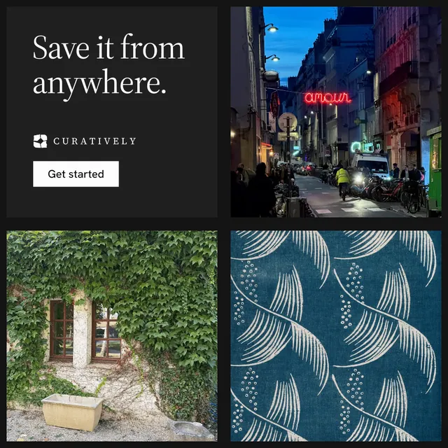 Instagram post for Curatively: "Save it from anywhere." Split block style, collage layout, dark palette in grey, black.