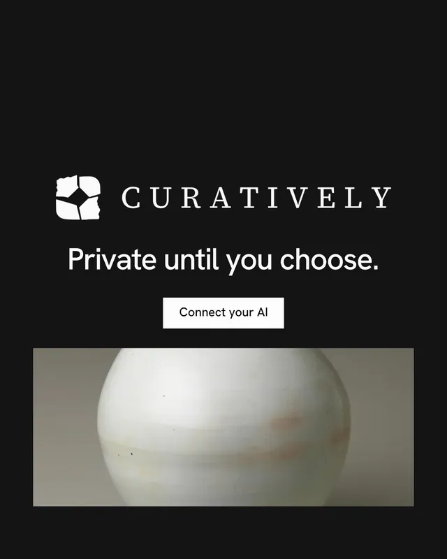 Instagram portrait post for Curatively: "Private until you choose." Split block style, logo hero layout, dark palette in black, grey, white.
