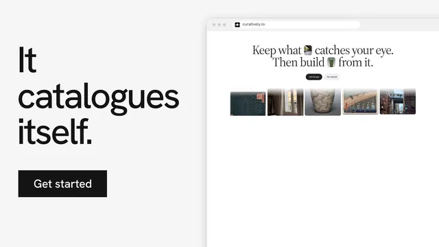 Landscape graphic for Curatively: "It catalogues itself." Swiss style, browser layout, light palette in white, grey.