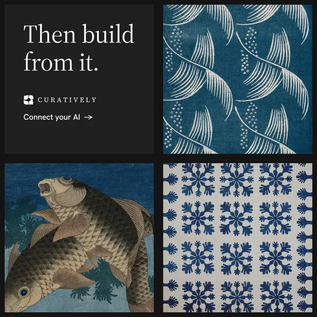 Instagram post for Curatively: "Then build from it." Minimal luxury style, collage layout, dark palette in black, grey, blue.