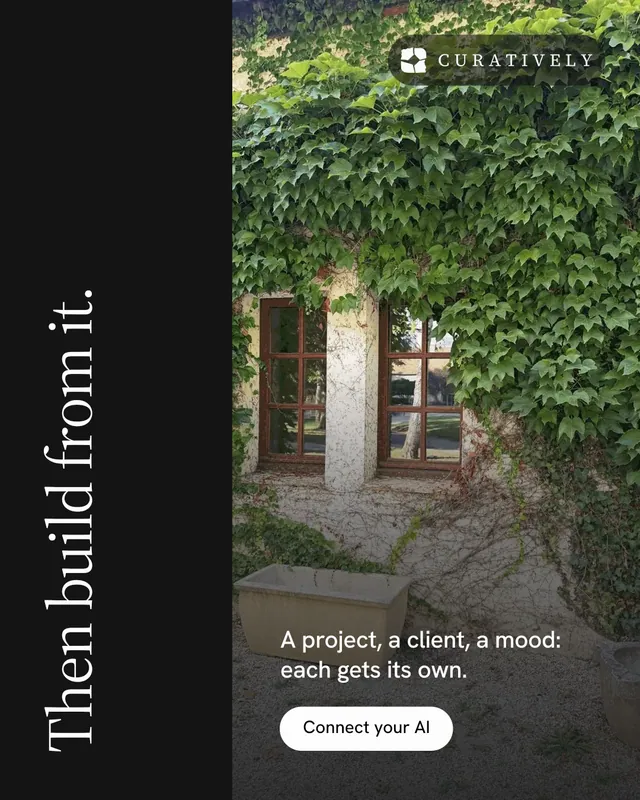 Instagram portrait post for Curatively: "Then build from it." Photo poster style, vertical layout, dark palette in grey, black.