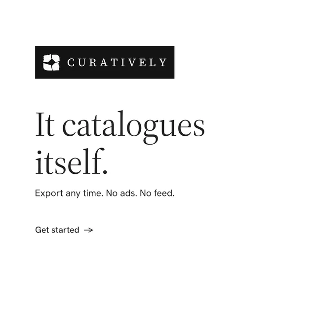 Instagram post for Curatively: "It catalogues itself." Minimal luxury style, announce layout, light palette in white.
