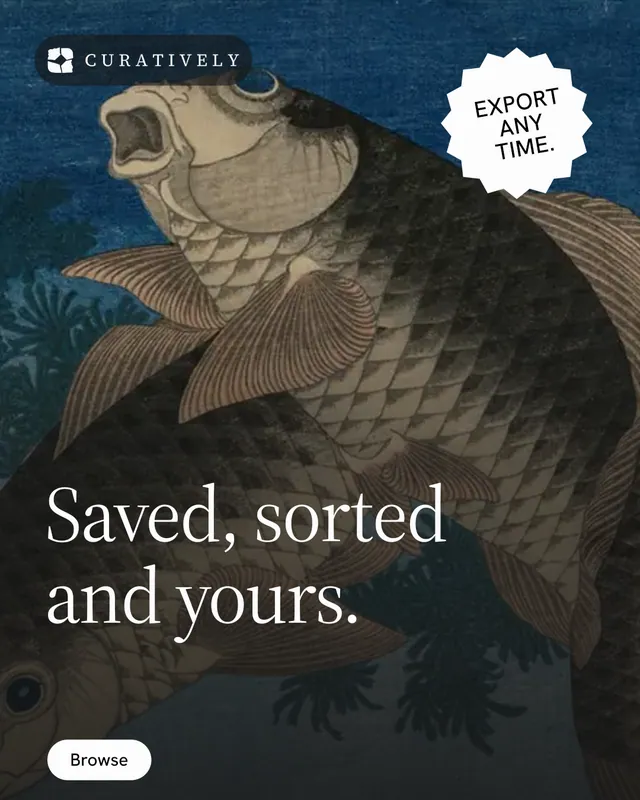 Instagram portrait post for Curatively: "Saved, sorted and yours." Photo poster style, sticker layout, dark palette in blue, black, grey.