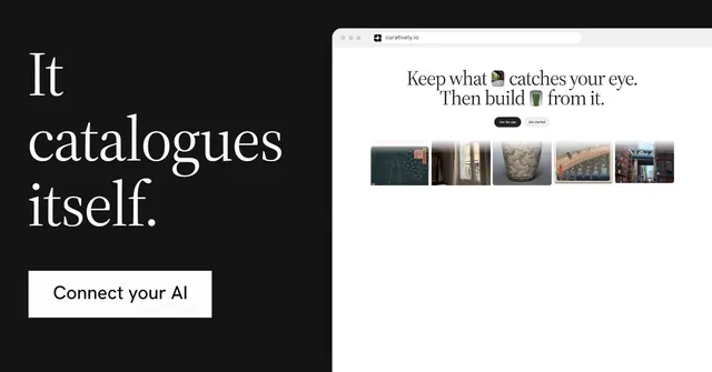Social ad for Curatively: "It catalogues itself." Split block style, browser layout, light palette in white, black, grey.