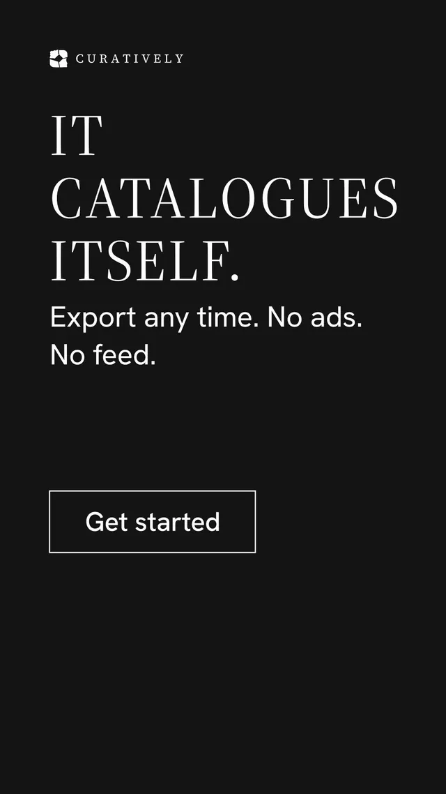 Instagram story for Curatively: "It catalogues itself." Editorial style, skeleton layout, dark palette in black.