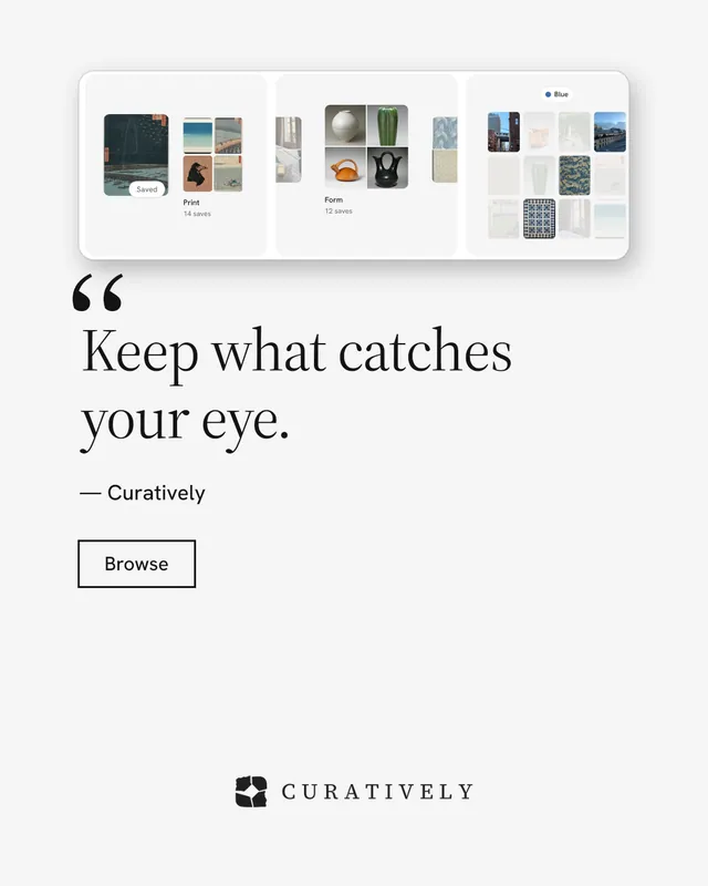 Instagram portrait post for Curatively: "Saved, sorted and yours." Editorial style, quote layout, light palette in white.