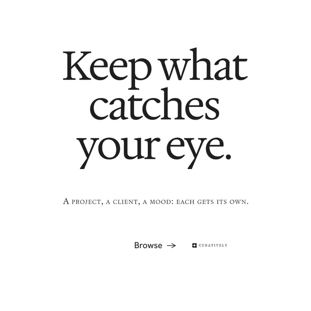 Instagram post for Curatively: "Keep what catches your eye." Swiss style, smallcaps layout, light palette in white.