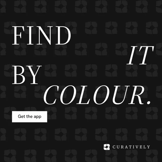 Instagram post for Curatively: "Find it by colour." Split block style, stacked layout, dark palette in black, grey.