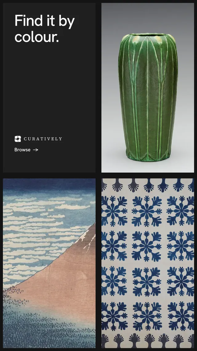 Instagram story for Curatively: "Find it by colour." Minimal luxury style, collage layout, dark palette in black, grey.