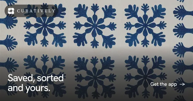 Social ad for Curatively: "Saved, sorted and yours." Swiss style, image led layout, dark palette in grey, blue.