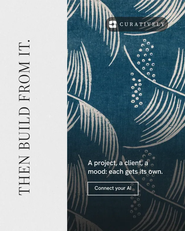 Instagram portrait post for Curatively: "Then build from it." Editorial style, vertical layout, light palette in blue, white, grey.