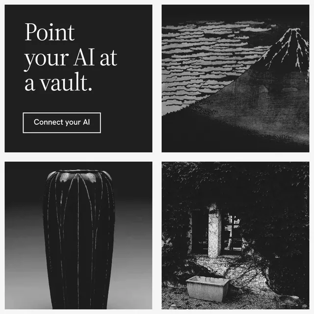 Instagram post for Curatively: "Point your AI at a vault." Editorial style, collage layout, dark palette in black, grey, white.