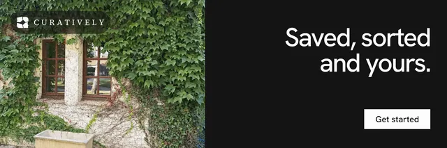 X header for Curatively: "Saved, sorted and yours." Swiss style, right layout, dark palette in black, green, grey.