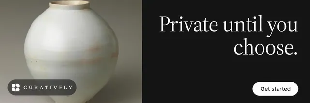 X header for Curatively: "Private until you choose." Photo poster style, right layout, dark palette in black, grey.