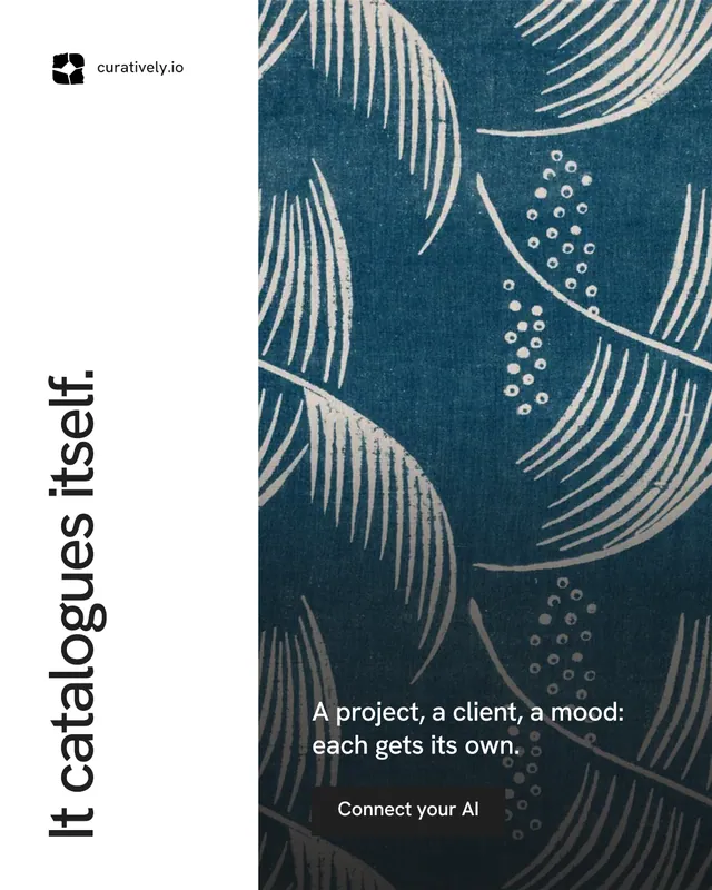Instagram portrait post for Curatively: "It catalogues itself." Swiss style, vertical layout, light palette in white, blue, grey.