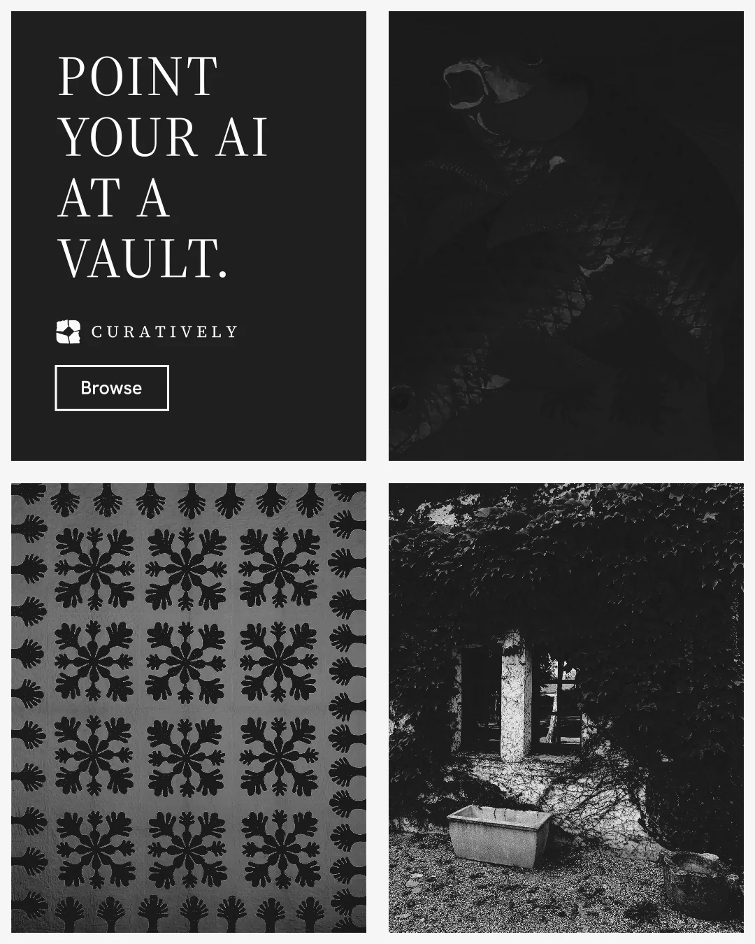 Instagram portrait post for Curatively: "Point your AI at a vault." Editorial style, collage layout, dark palette in black, grey.