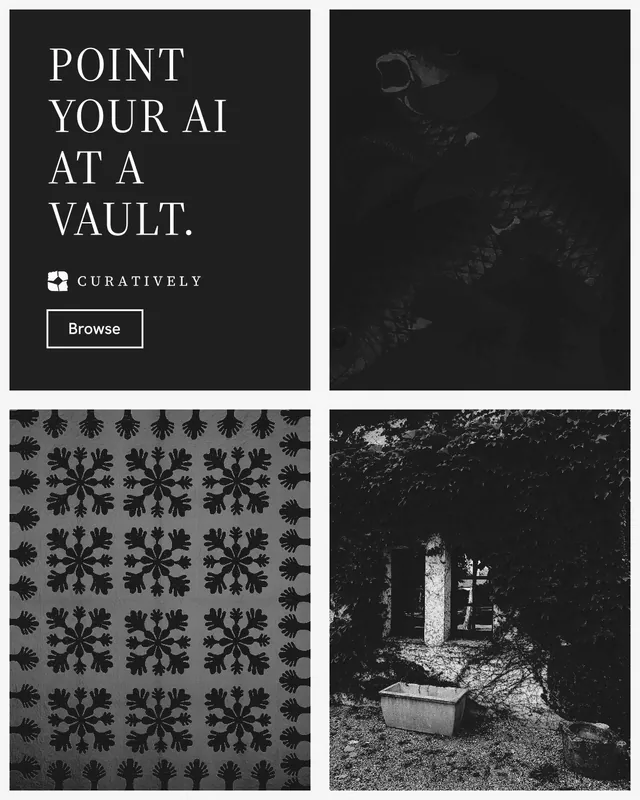 Instagram portrait post for Curatively: "Point your AI at a vault." Editorial style, collage layout, dark palette in black, grey.