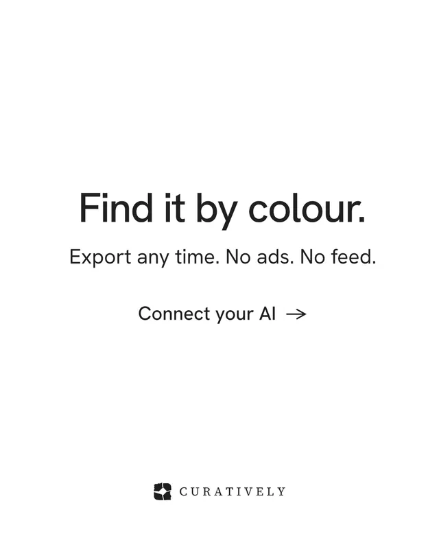 Instagram portrait post for Curatively: "Find it by colour." Minimal luxury style, skeleton layout, light palette in white.